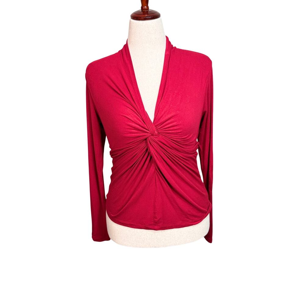 CAbi red Glamour knot long sleeve twist front deep v knit top Sz M